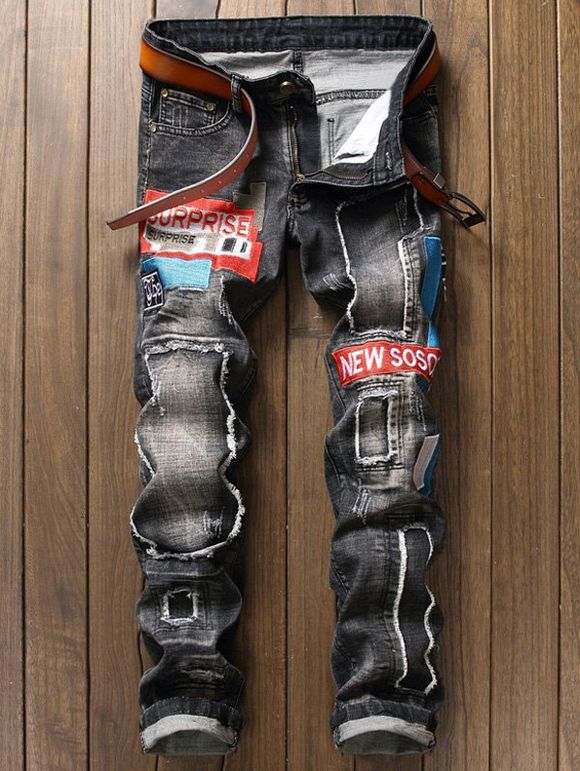 Zipper Fly Straight Leg Jeans Applique - Gris Noir 36