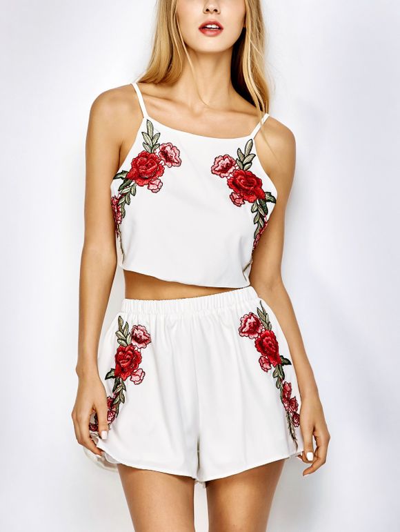 Rose brodé Cami Top avec Shorts - Blanc XL