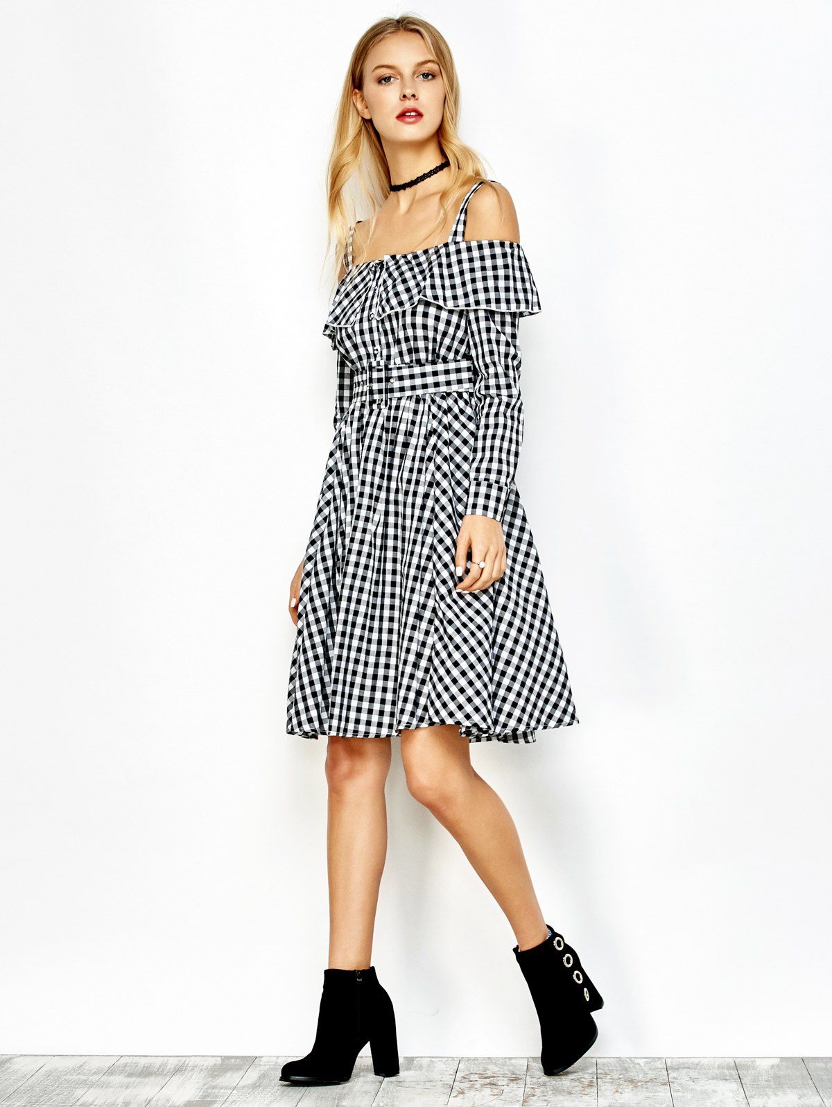 

Long Sleeve Slip Plaid Ruffle Dress, Checked