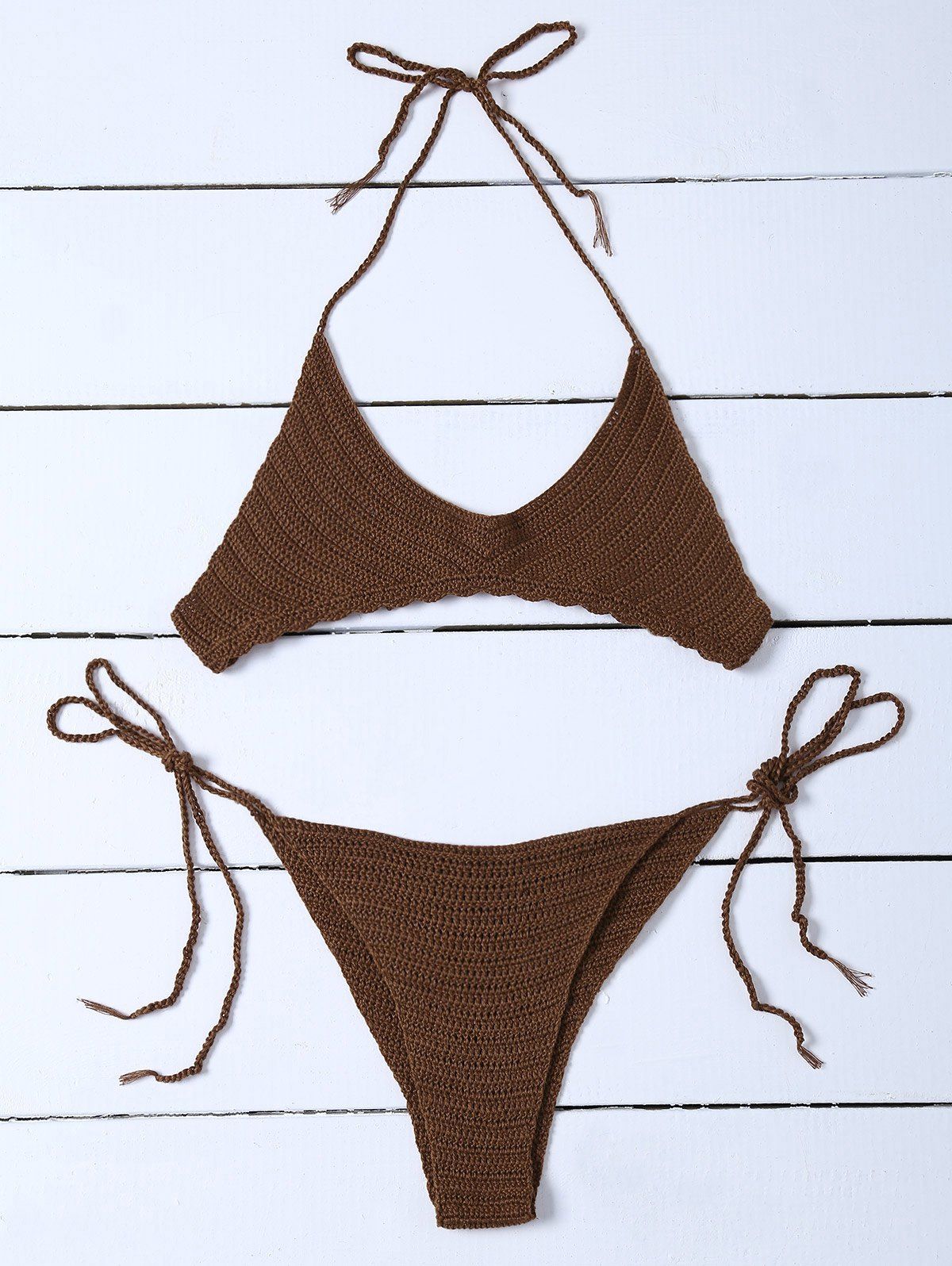 

Scalloped Hem Halter Knitted Bikini, Bronze-colored