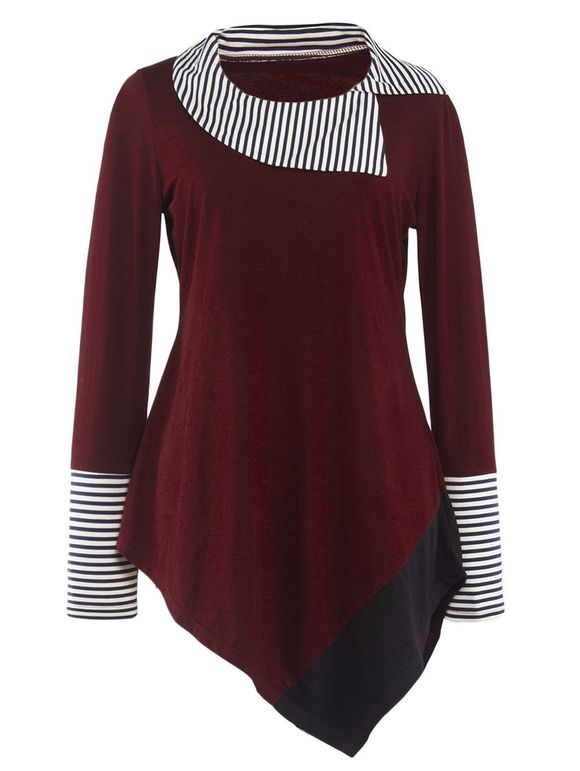 Striped Hem Asymmetric long T-shirt - Rouge vineux L