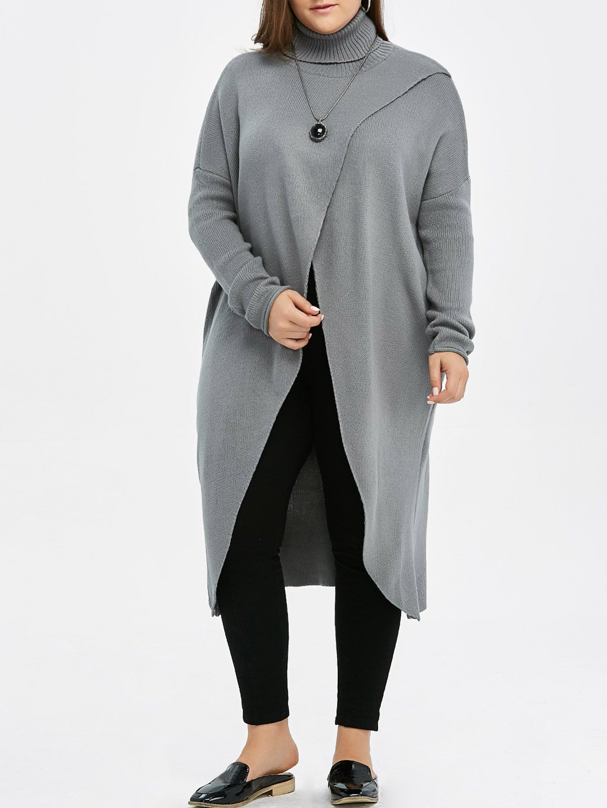 

Plus Size Turtleneck High Slit Midi Long Sweater, Gray