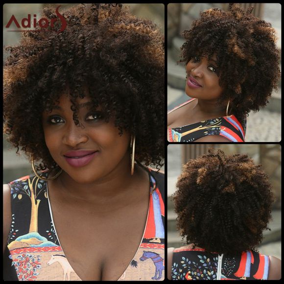 Perruque Synthétique Afro Bouffante Frisée Noire et Brune sans Bonnet pour Femme - multicolore 
