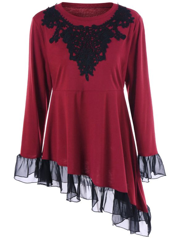 T-shirt Asymétrique Volanté en Crochet Grande Taille - Rouge foncé 2XL