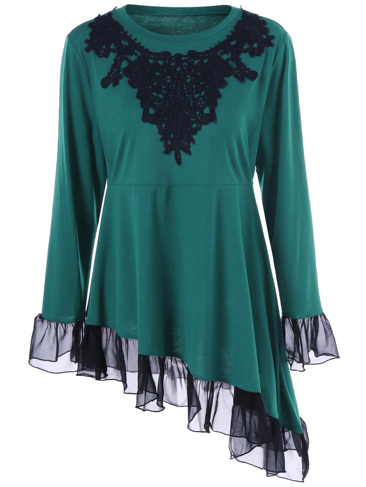 

Plus Size Asymmetric Crochet Ruffled T-Shirt, Malachite green