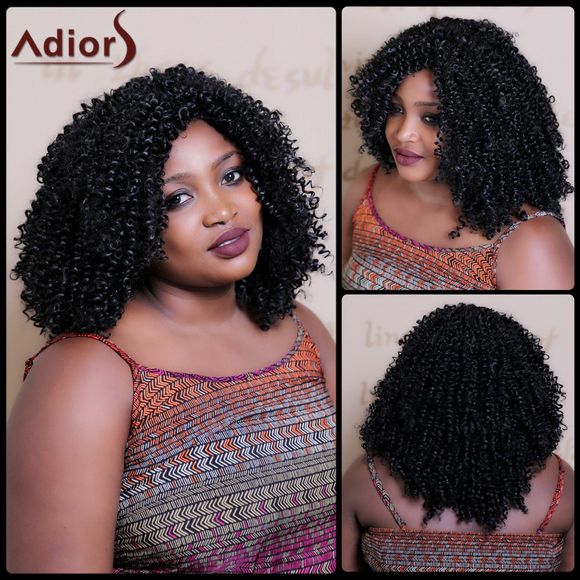 Perruque Noire Mi-Longue Fibre Résistante à la Chaleur avec Boucles Afro à la Mode pour Femmes - Noir 
