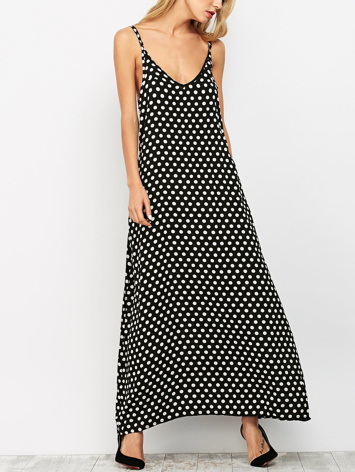 Polka Dot A-Line Maxi Casual Summer Dress - BLACK XL