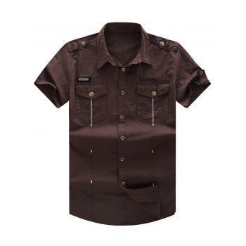 [41% OFF] 2023 Short Sleeve Pocket Military Shirt With Epaulet In BROWN ...