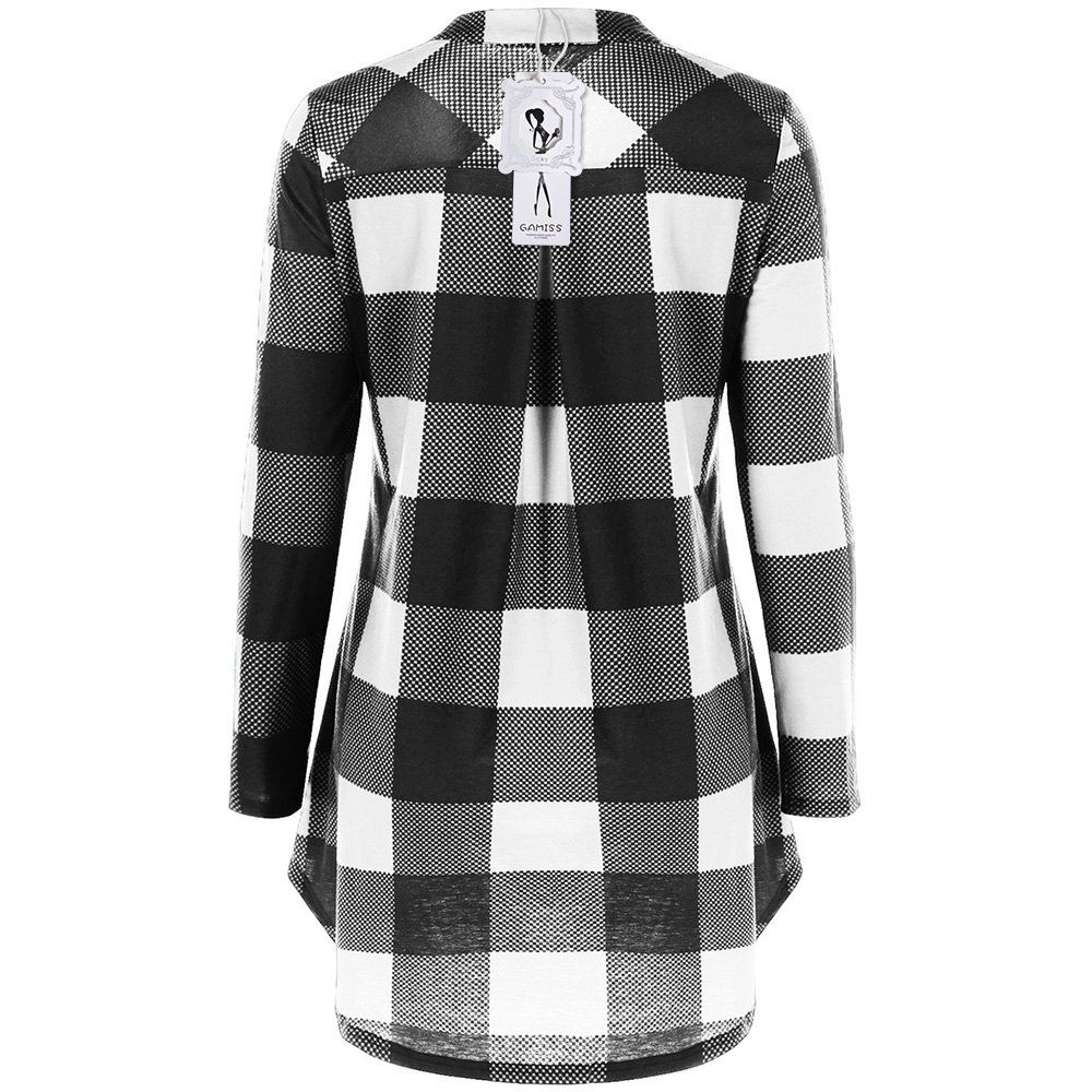 

Split Neck Long Plaid Boyfriend T-Shirt, White and black