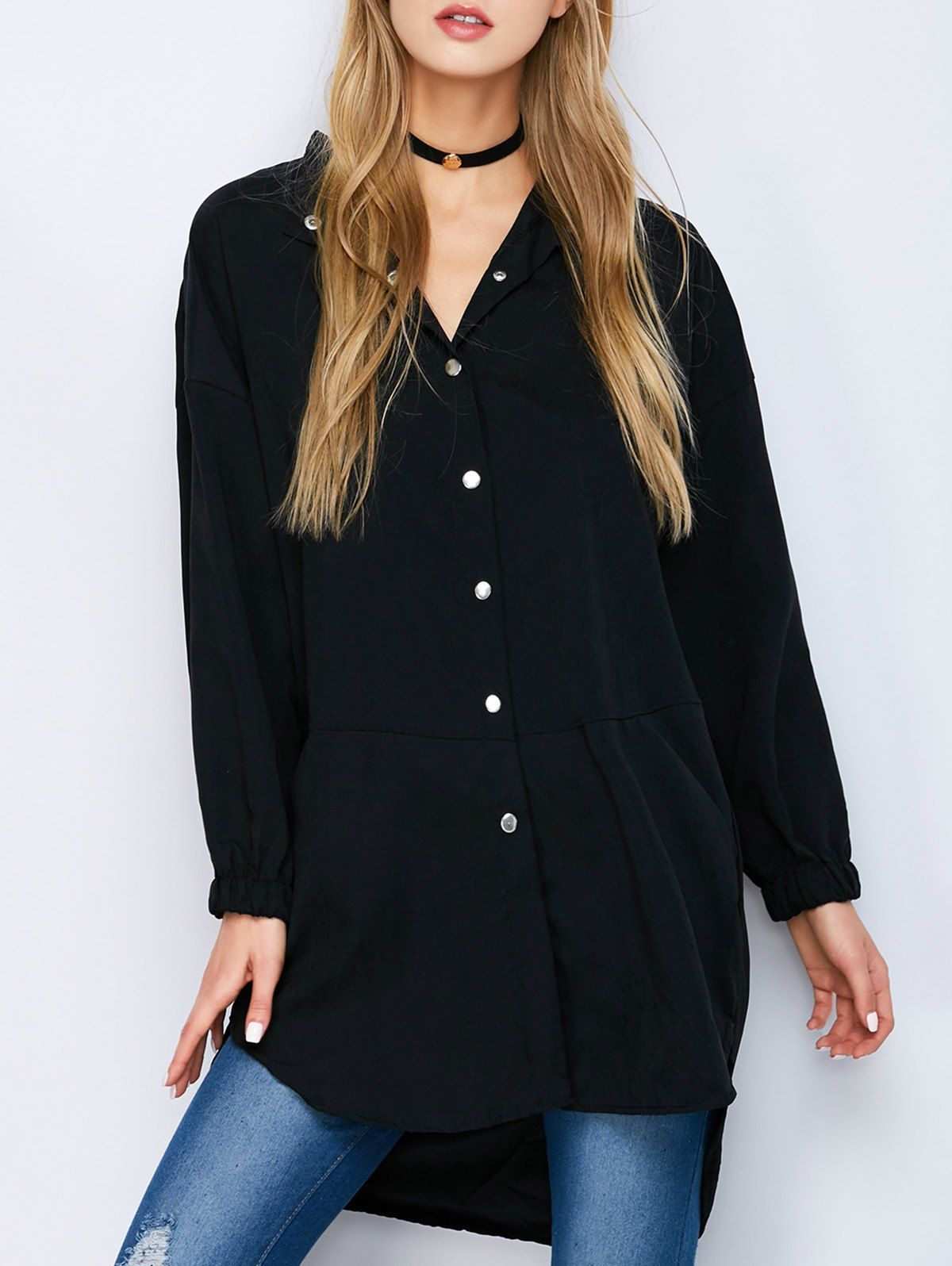 [41 OFF] 2021 Button Down High Low Slit Shirt In BLACK DressLily