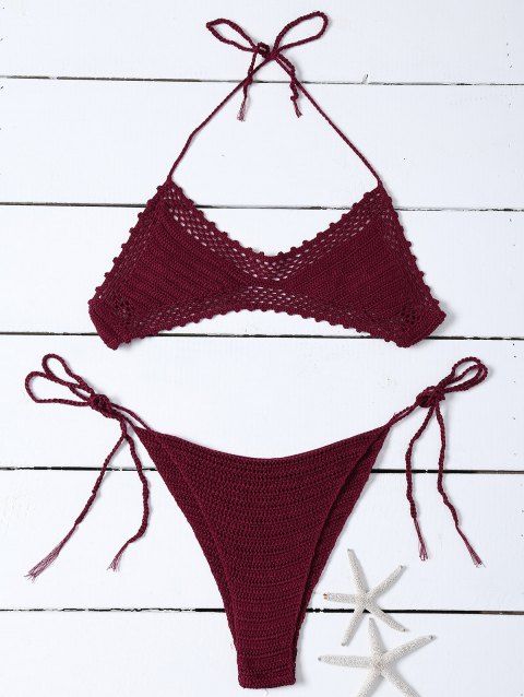 [41% OFF] 2019 Crochet High-Cut Halter Skimpy Bikini Set In CLARET ...