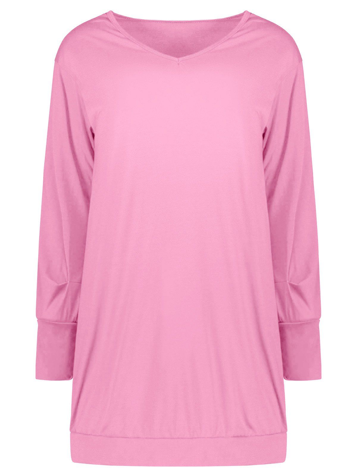 Plain Solid Color Drop Shoulder Pocket Tunic Tee Dress - PINK M