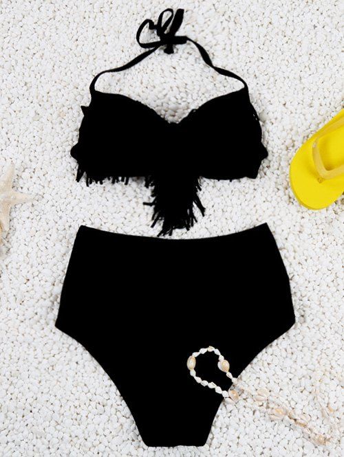 

Halter High Waisted Bikini Set With Fringe Top, Black