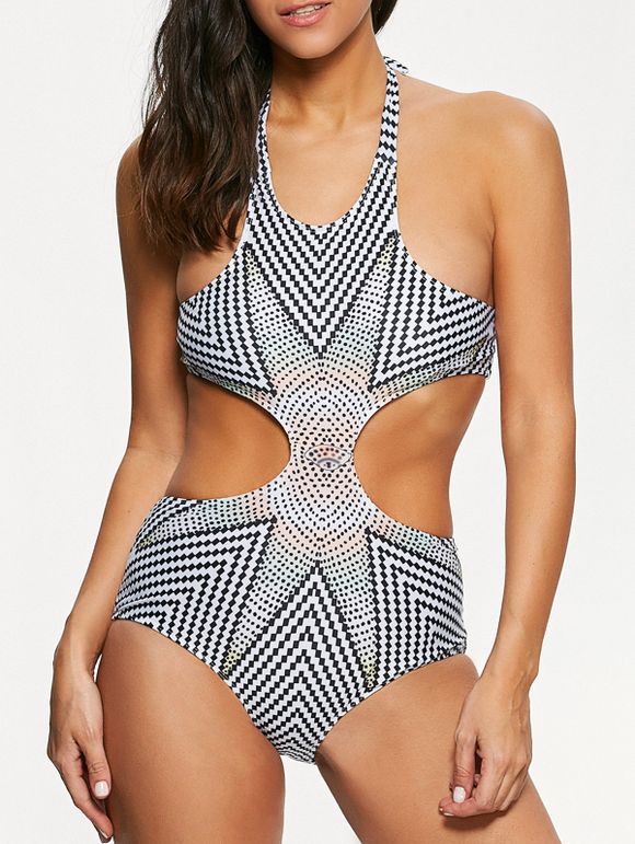 Cutout Monokini Swimsuit One-piece Zigzag Sexy Print Swimwear - WHITE/BLACK M