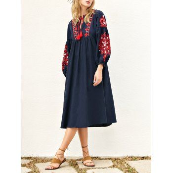 

Round Neck Lantern Sleeve Embroidered Dress, Purplish blue