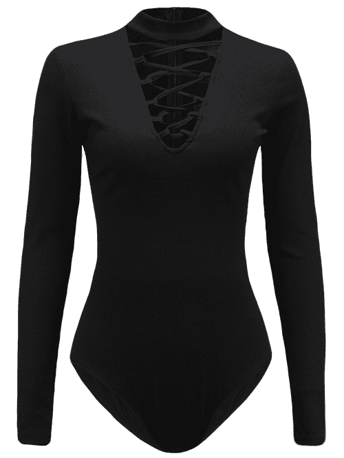 Long Sleeve Lace Up Choker Collar Bodysuit - Noir L