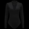 Long Sleeve Lace Up Choker Collar Bodysuit - Noir L
