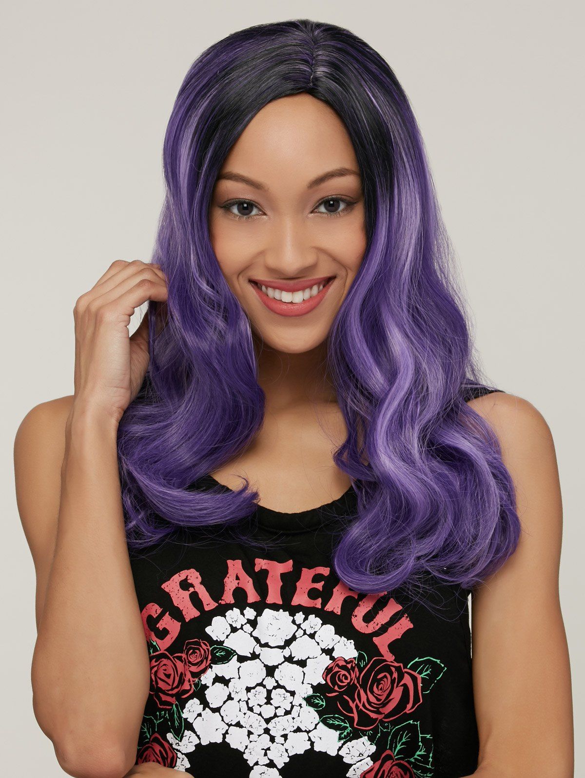 

Charming Long Women's Side Bang High Temperature Fiber Wig, Black and purple