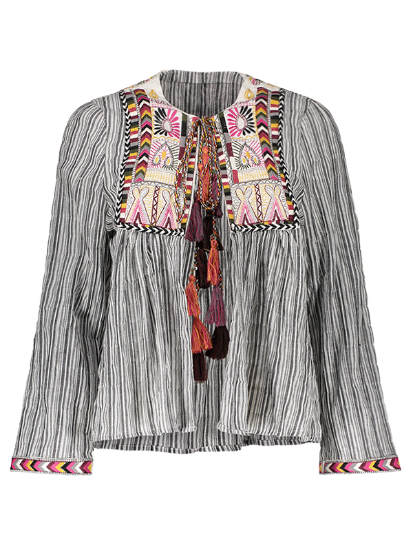 

Front Tie Closure Embroidered Striped Blouse, Colormix