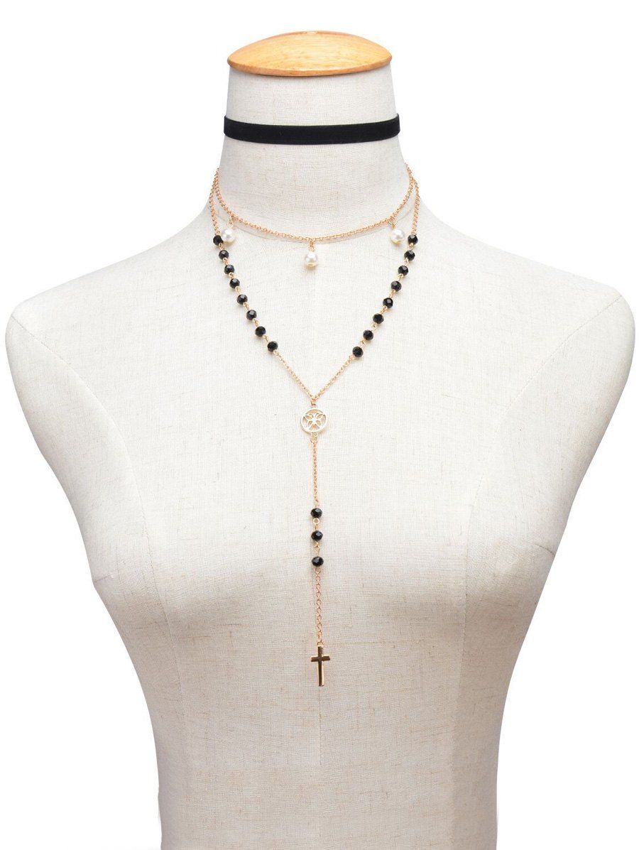 

Faux Pearl Crucifix Butterfly Beaded Necklace, Black