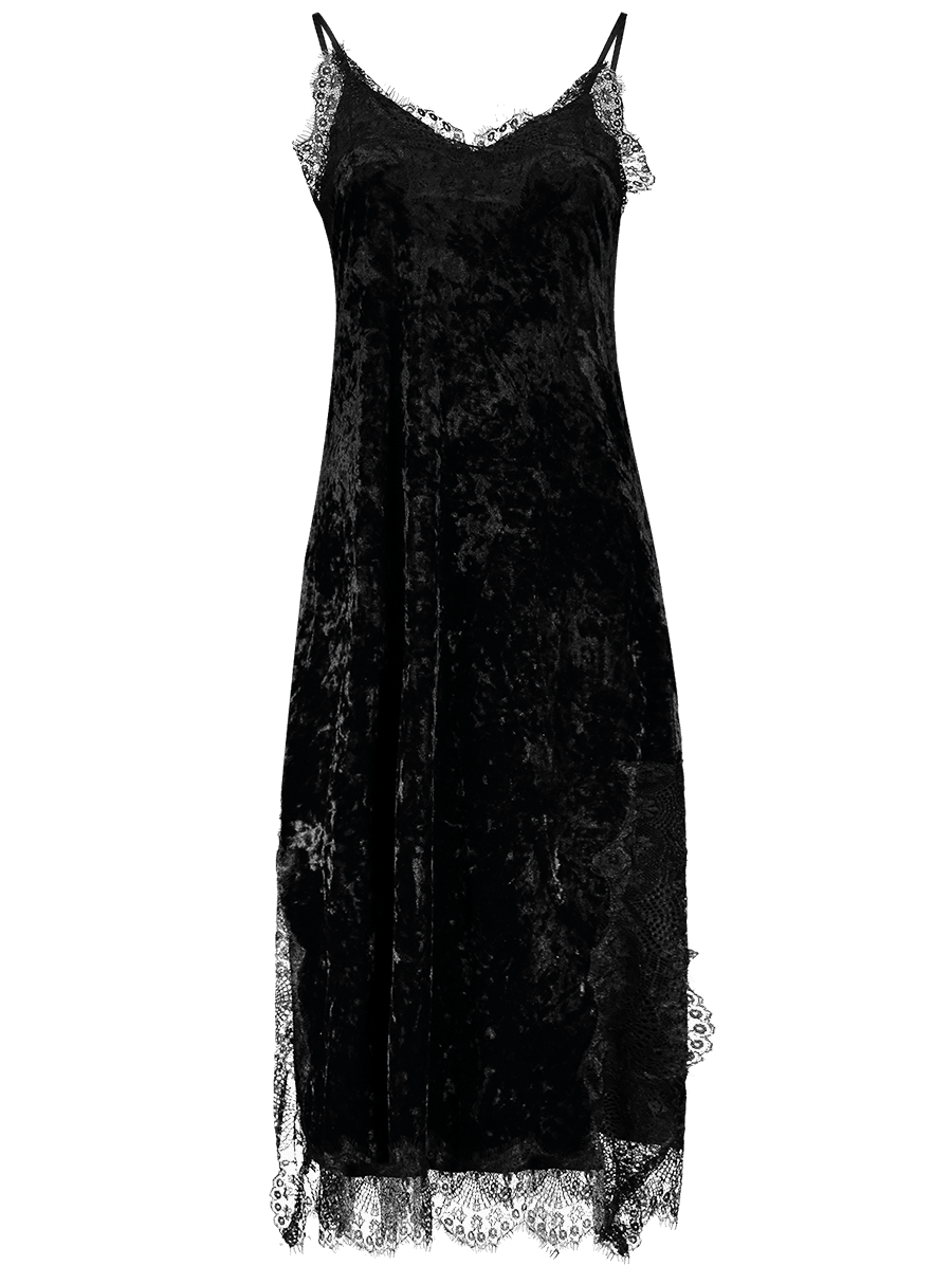 

Spaghetti Strap Lace Trim Velvet Dress, Black