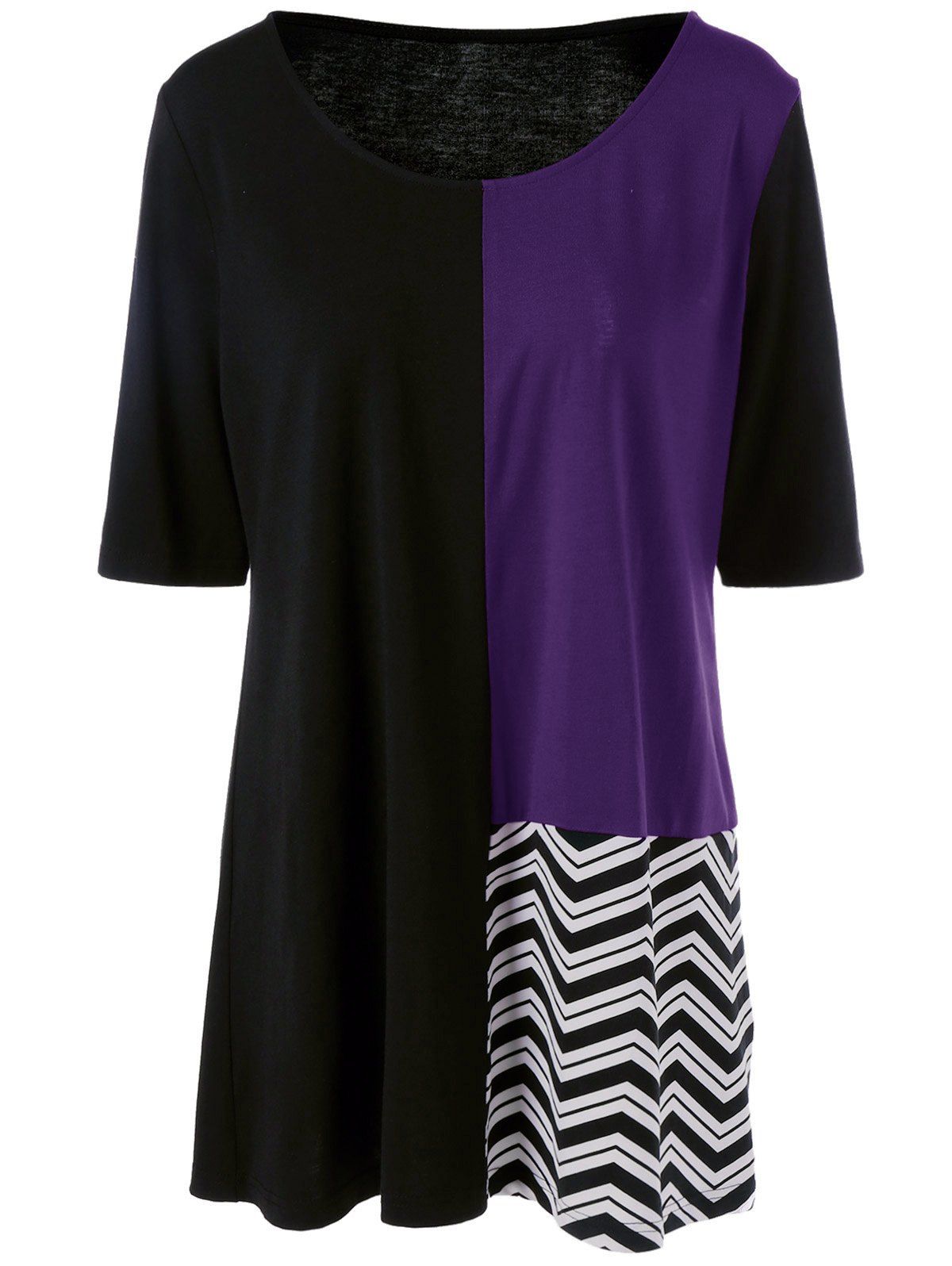 

Plus Size Color Chevron Trim Longline T-Shirt, Purple