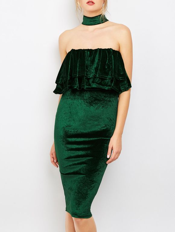 Knee Length Choker Bodycon Velvet Dress - GREEN XL