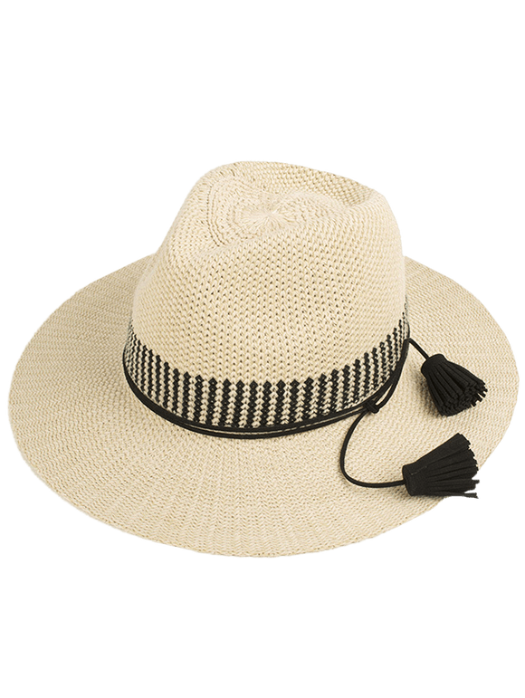 Chapeau d'été de femmes élégant anti-UV lacé haut avec frange - Blanc Cassé 