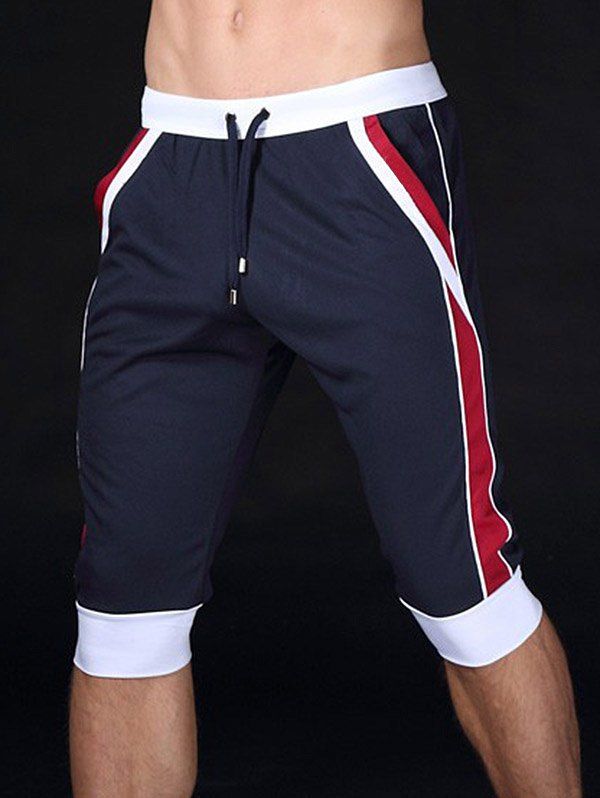 

Color Block Splicing Design Lace-Up Sport Cropped Joggers, Cadetblue