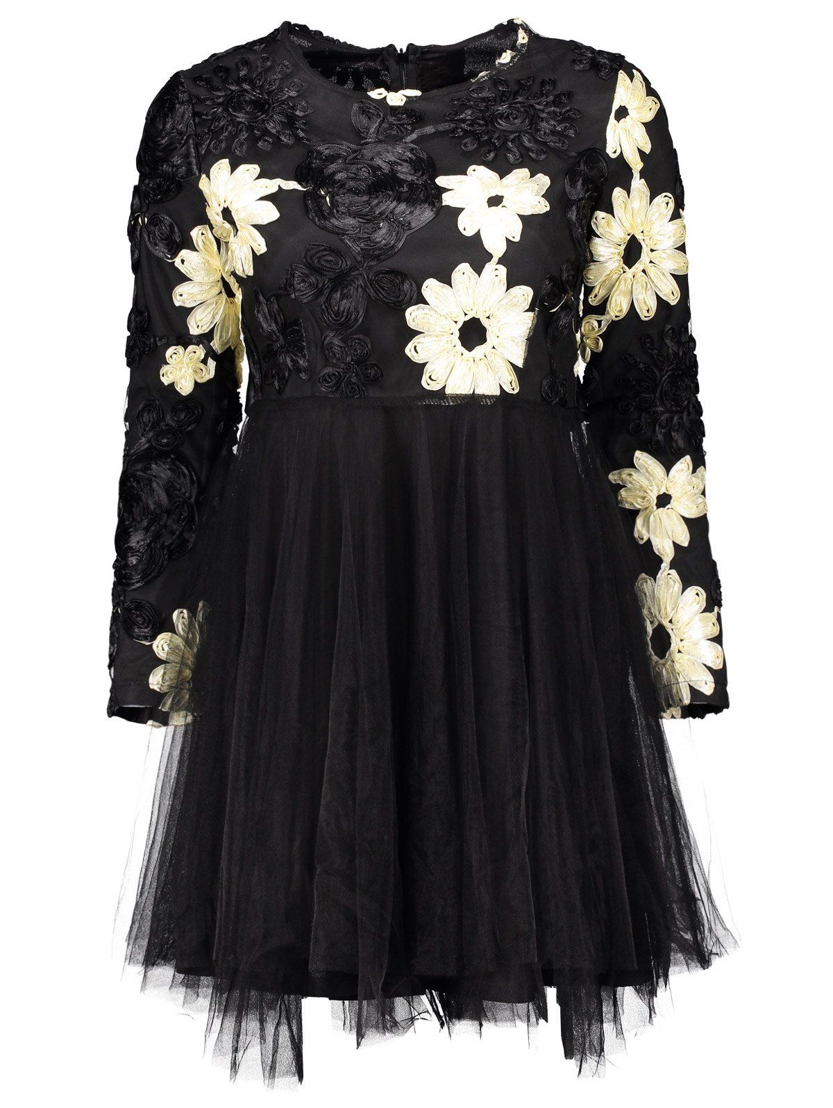 

Flower Multilayered Mesh Insert Mini Dress, Black