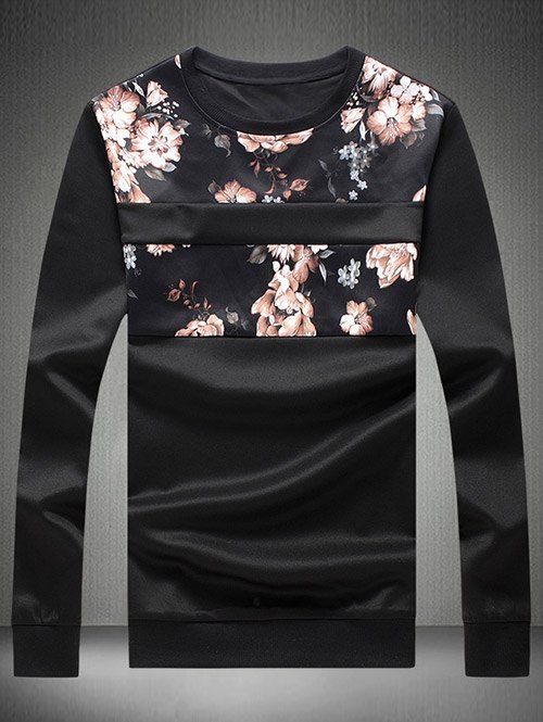 

Crew Neck Flower Panel Tee, Black
