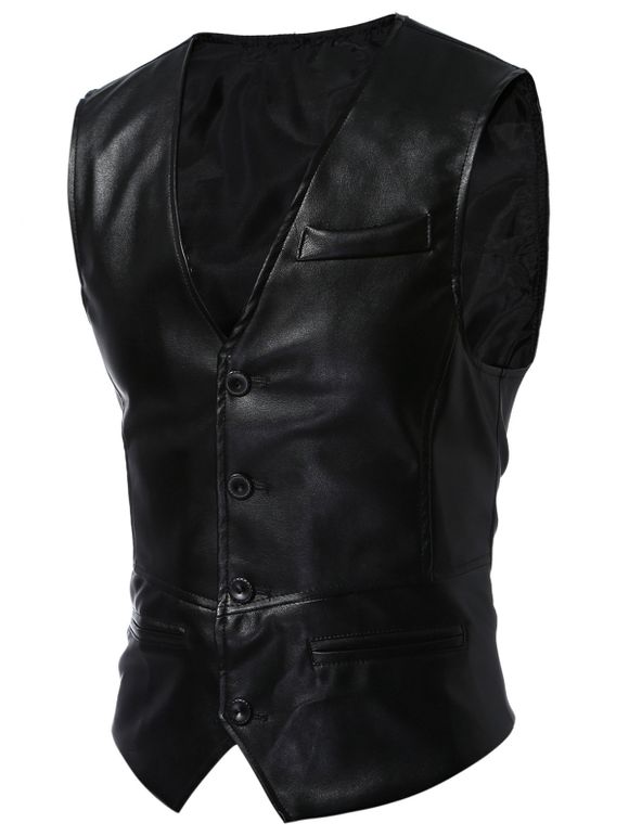 V Neck Faux cuir Waistcoat - Noir XL