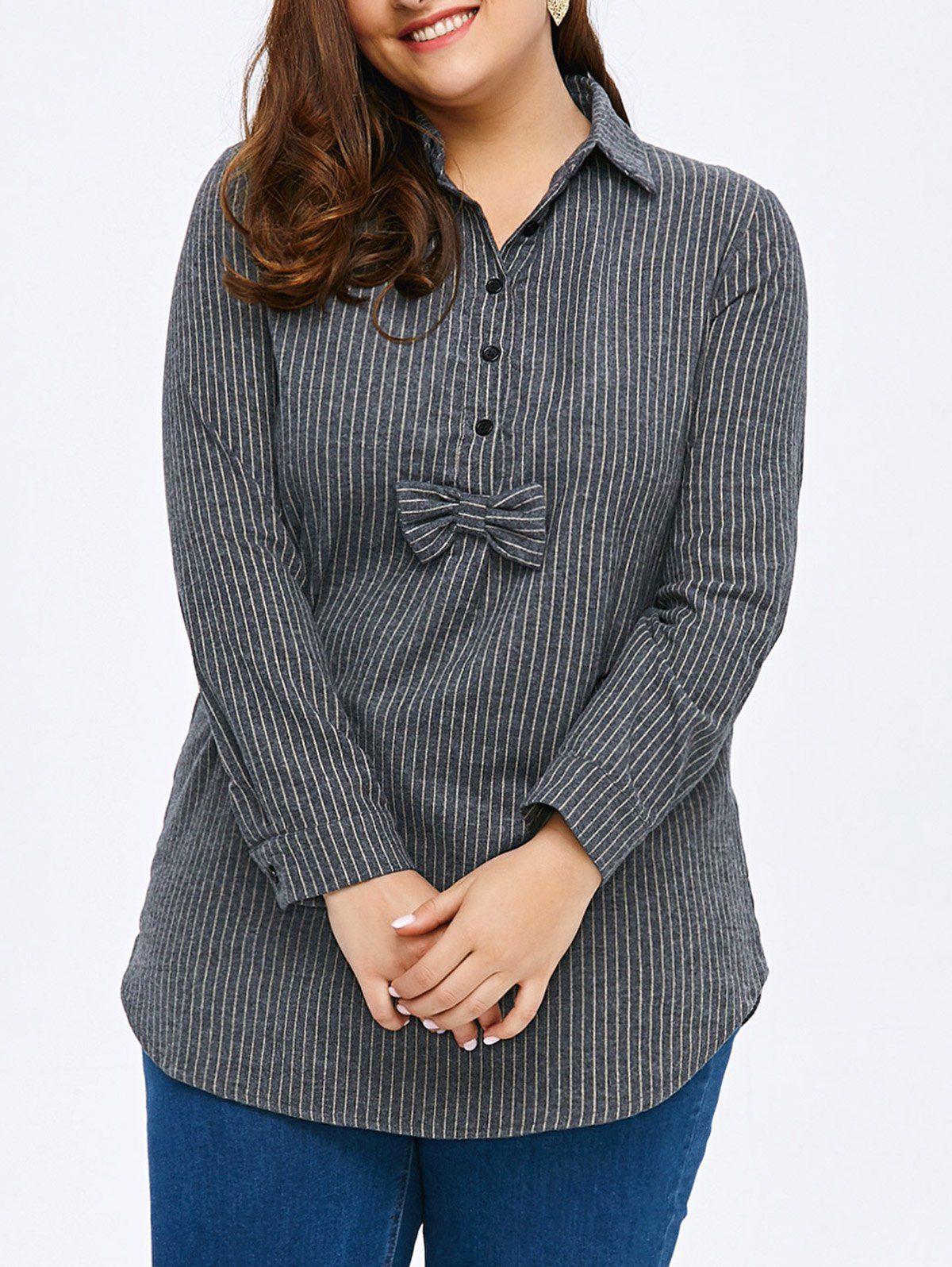 

Plus Size Striped Asymmetric Long Tunic Shirt, Gray