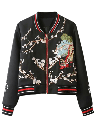 

Flower Embroidered Striped Bomber Jacket, Black