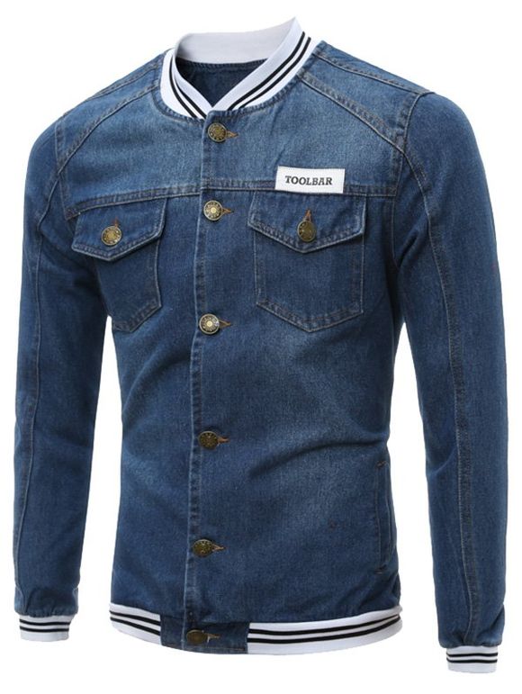 Boutonnée Stripe Panel Pocket Denim Jacket - Bleu profond 3XL