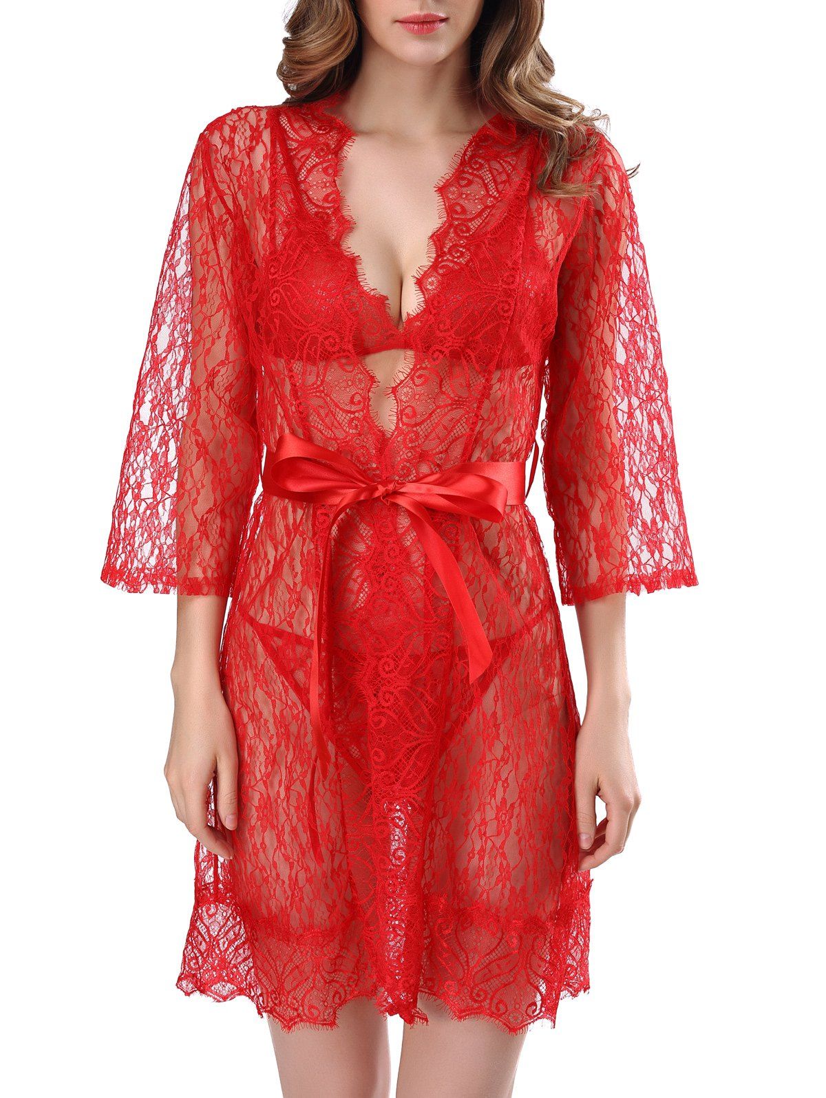 

Lace See-Through Babydolls With Belt, Red