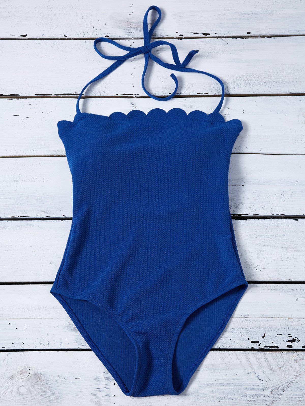 

Scalloped Padded Halter Bandeau One Piece Swimwear, Deep blue