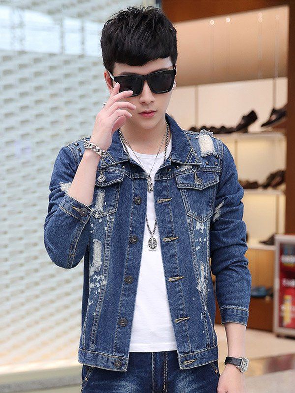 

Studded Ripped Denim Jacket, Denim blue