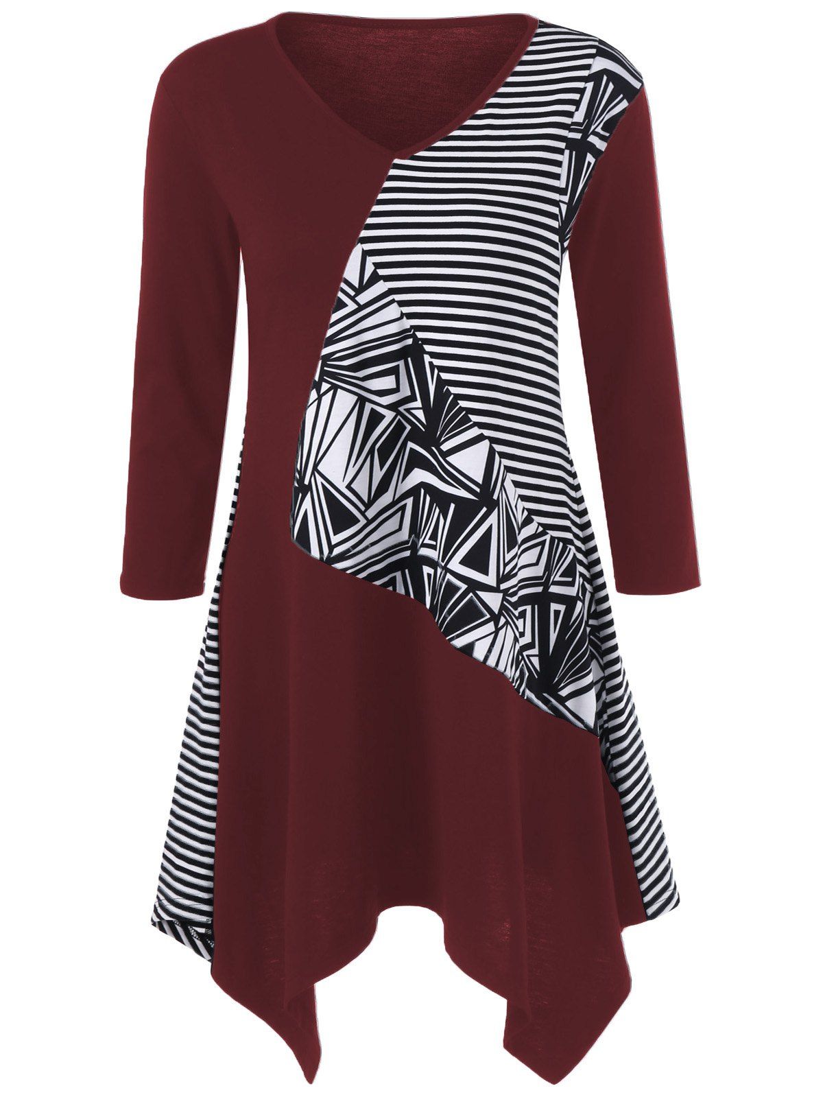 

Striped Trim Asymmetrical Longline T-Shirt, Wine red