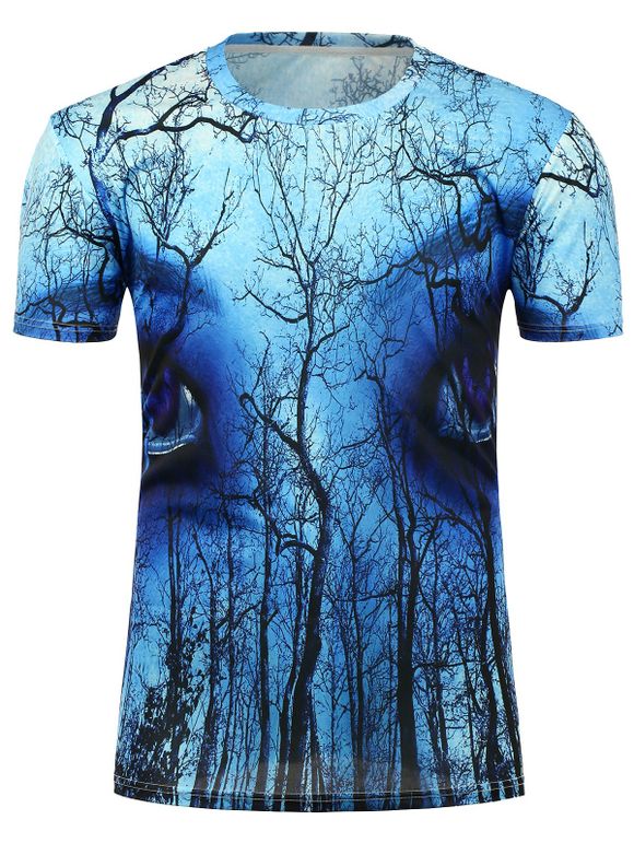 T-shirt Ras du Cou à Imprimé Yeux Forêt 3D - Bleu XL