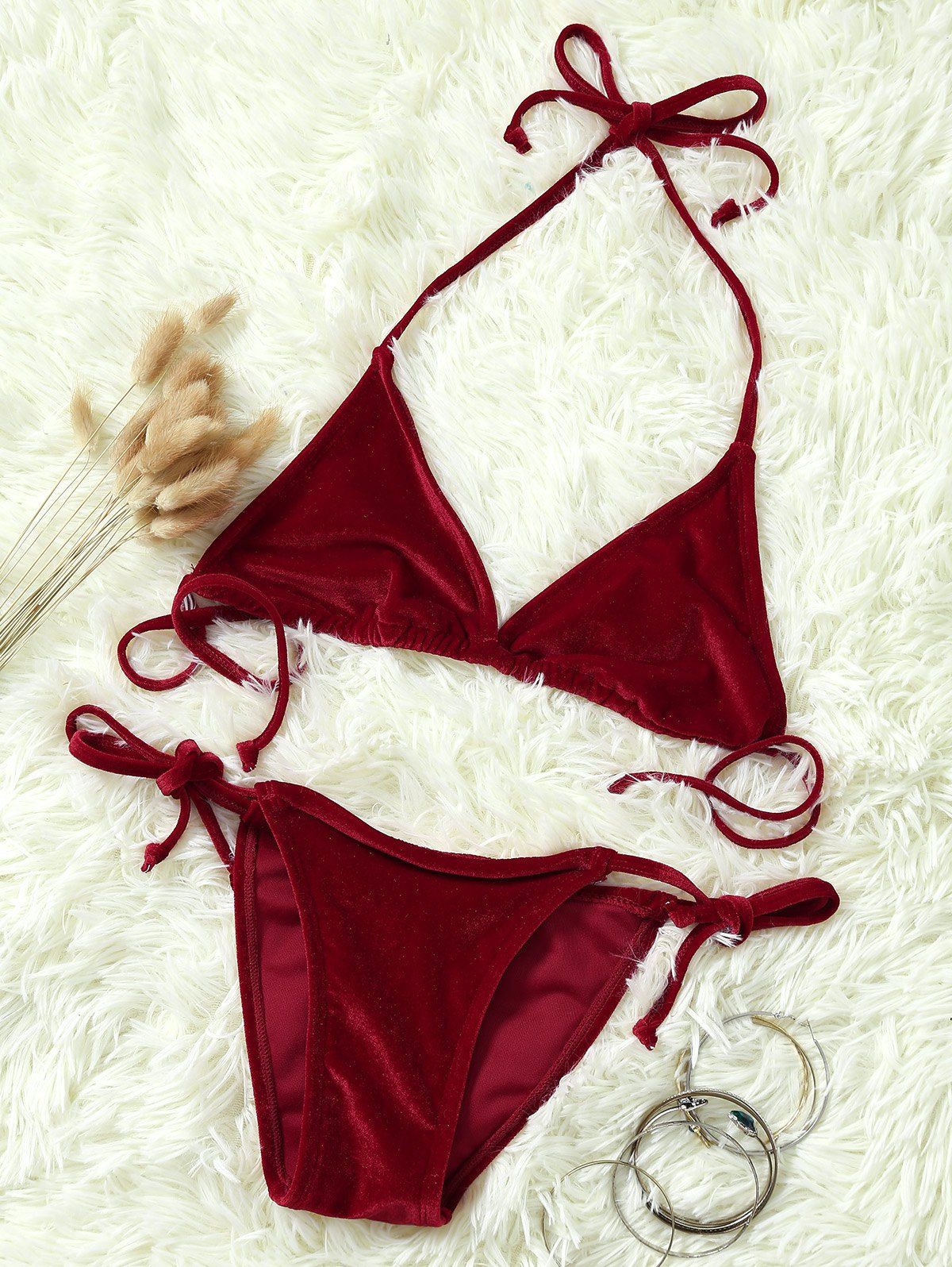 

Velvet Skimpy Halter Bikini, Wine red