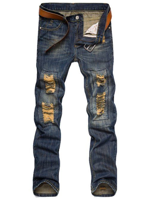 

Zipper Fly Straight Leg Ripped Jeans, Deep blue