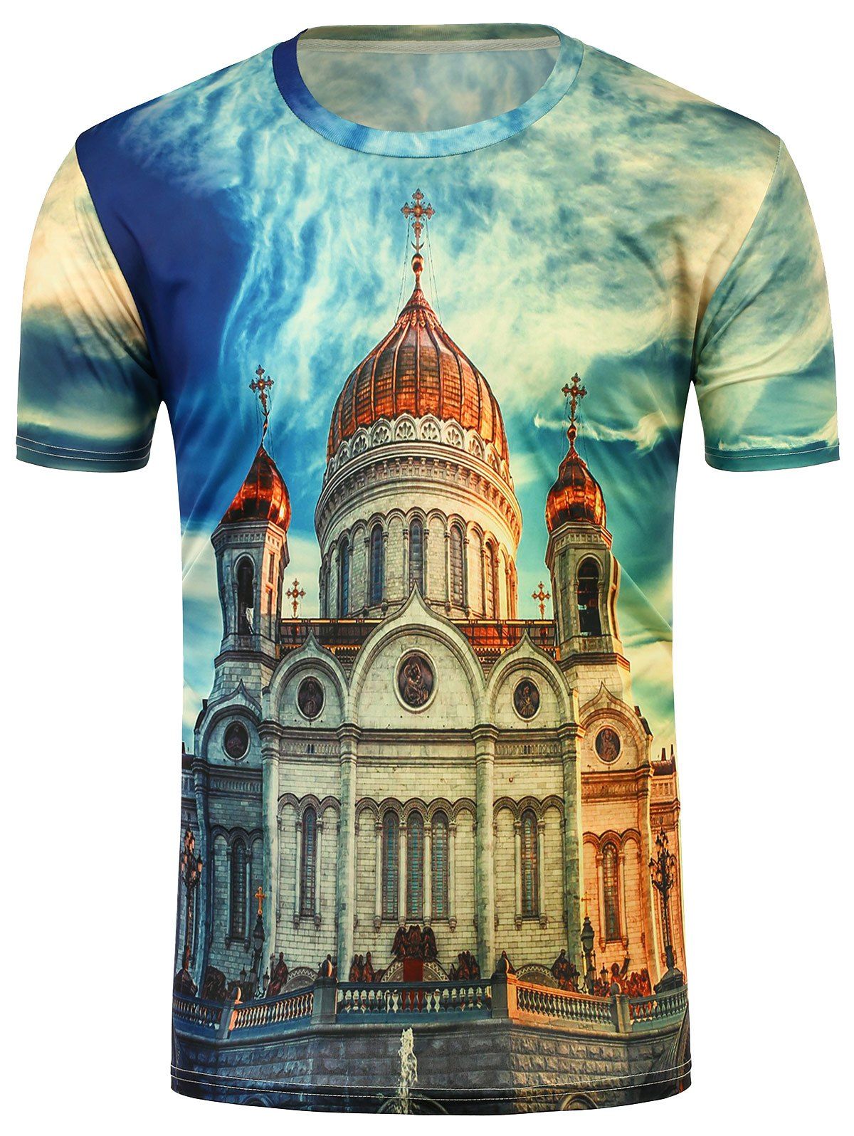 

3D Castle Print Crew Neck T-Shirt, Colormix