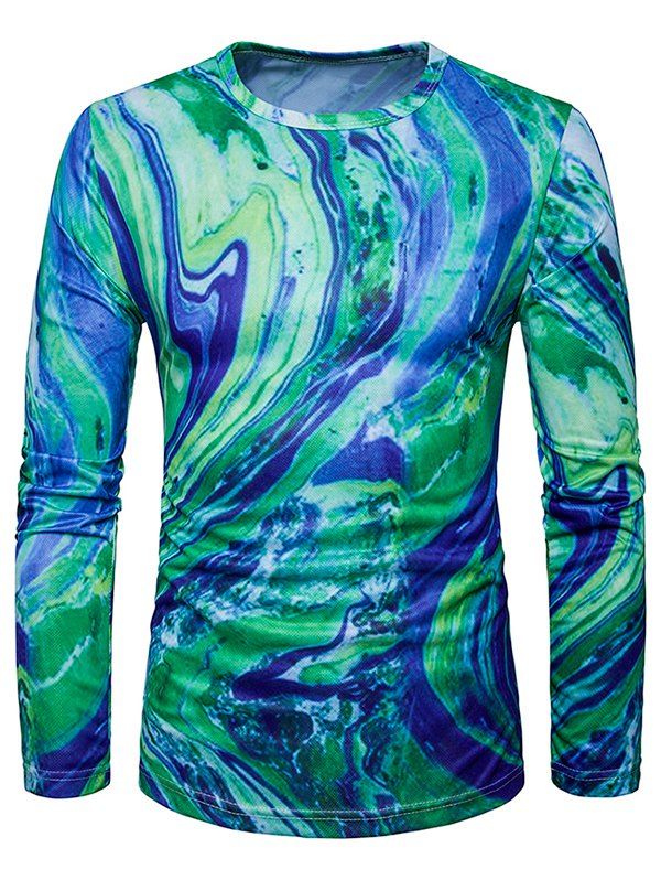 

Long Sleeve 3D Ombre Rock Tie Dye Trippy T-Shirt, Green blue