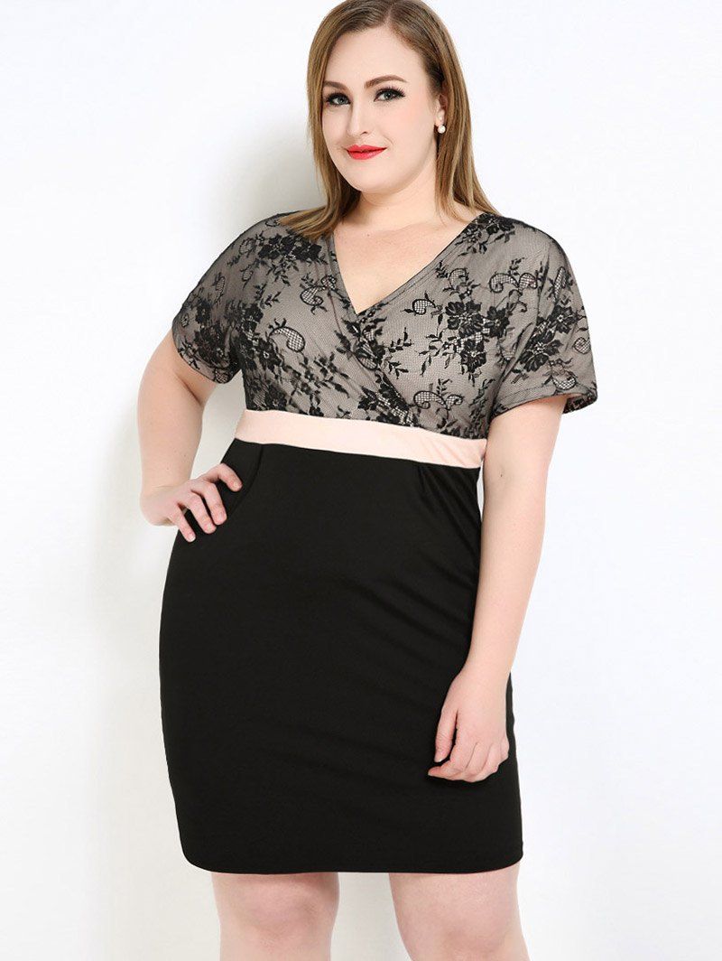 

Lace Insert V Neck Plus Size Dress, Black