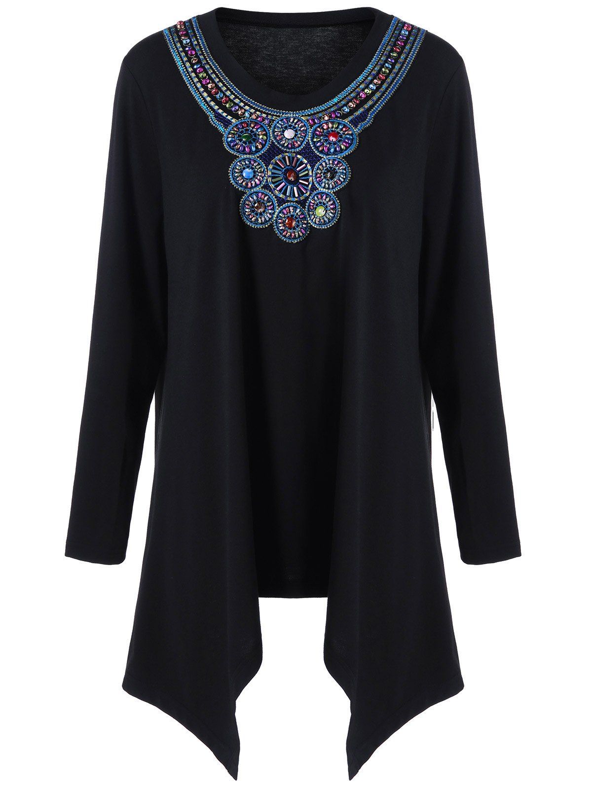 

Plus Size Embroidery Asymmetrical T-Shirt, Black
