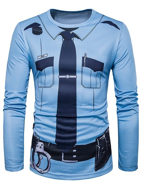 T-shirt imprimé Costume Police à manches longues - Bleu clair 2XL