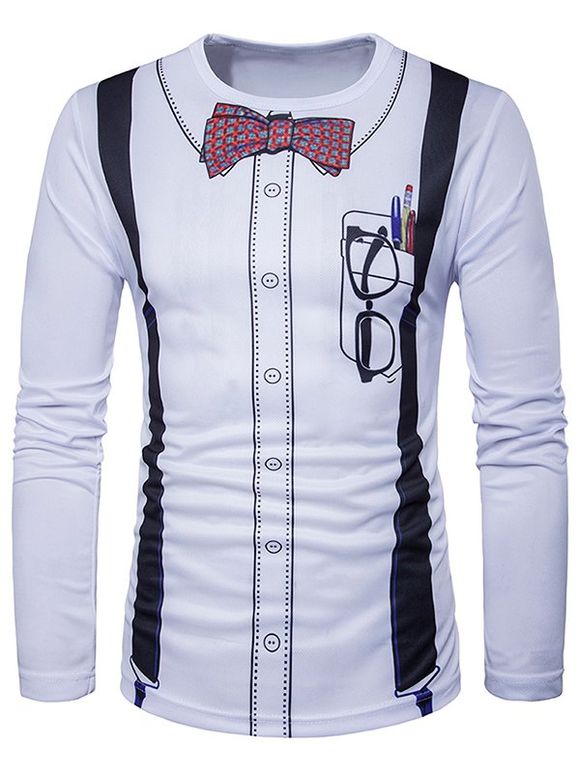 3D Bow Tie Imprimer manches longues T-shirt - Blanc 2XL