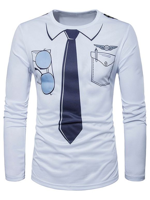 Cravate imprimé lunettes de soleil ras du cou T-shirt manches longues - Blanc M
