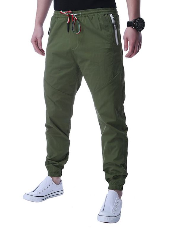 Zip Up Pants Pocket Lace Up Jogger - Vert Armée 2XL